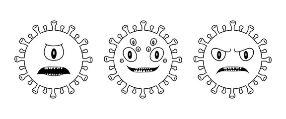 Viruses blank coloring page. Corona Virus with eyes and angry face. Microbiology And Virology Concept icon maskot. Dangerous pandemic smiley and emoticon. Corona-virus logo, symbol for kids exercise