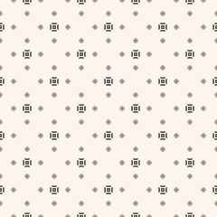 Vector minimalist seamless pattern. Black and white abstract geometric floral background. Minimal ornament texture with simple small flowers, tiny squares. Repeatable design for decor, covers, print