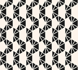 Triangle pattern. Vector abstract geometric seamless texture. Black and white minimalist graphic background with triangles, hexagonal grid, mesh, lattice. Simple modern monochrome repeated design