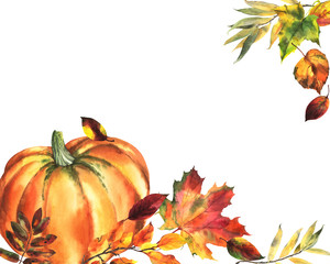 Watercolor autumn composition, pumpkin, autumn leaves, maple, oak on an isolated white background, watercolor drawing.