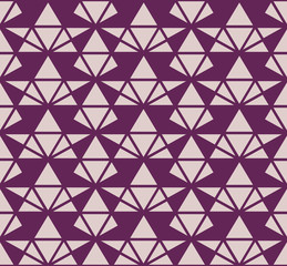 Triangles geometric seamless pattern. Vector texture in purple and pink color. Elegant minimal graphic background with triangles, diamonds, net, grid. Simple abstract ornament. Cute repeating design