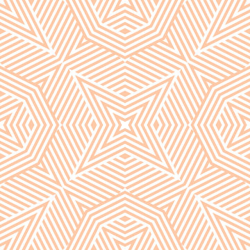 Geometric lines seamless pattern. Abstract vector texture with broken lines, stripes, stars shapes, octagons. Simple graphic background in peach color. Modern linear ornament. Stylish repeat design