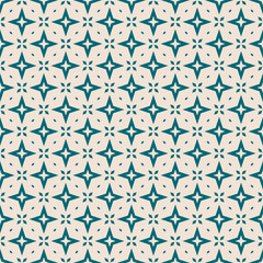 Vector abstract geometric floral seamless pattern. Teal and beige background with small diamonds, stars, flower shapes, grid. Simple minimal ornament. Graphic texture. Repeat decorative geo design