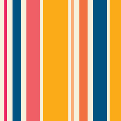 Buntes vertikales Streifenmuster des Vektors. Einfache nahtlose Textur mit dünnen und dicken geraden Linien. Stilvoller abstrakter geometrischer gestreifter Hintergrund in hellen Farben, gelb, pink, orange, pfirsich, blau