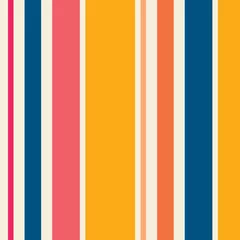 Foto op Plexiglas Verticale strepen Kleurrijk vectorpatroon met verticale strepen. Eenvoudige naadloze textuur met dunne en dikke rechte lijnen. Stijlvolle abstracte geometrische gestreepte achtergrond in felle kleuren, geel, roze, oranje, perzik, blauw