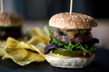 Mini hamburguesa de ternera con patatas fritas, chips y verdura.