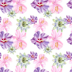 Seamless pattern with passionflower, hibiscus flowers on an isolated white background, watercolor jungle drawing.