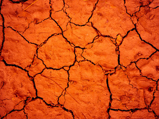 Texture of drought cracked orange earth.