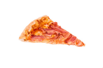 A slice of pizza bacon, ingredient becon and mozarella, isolated on white, top view