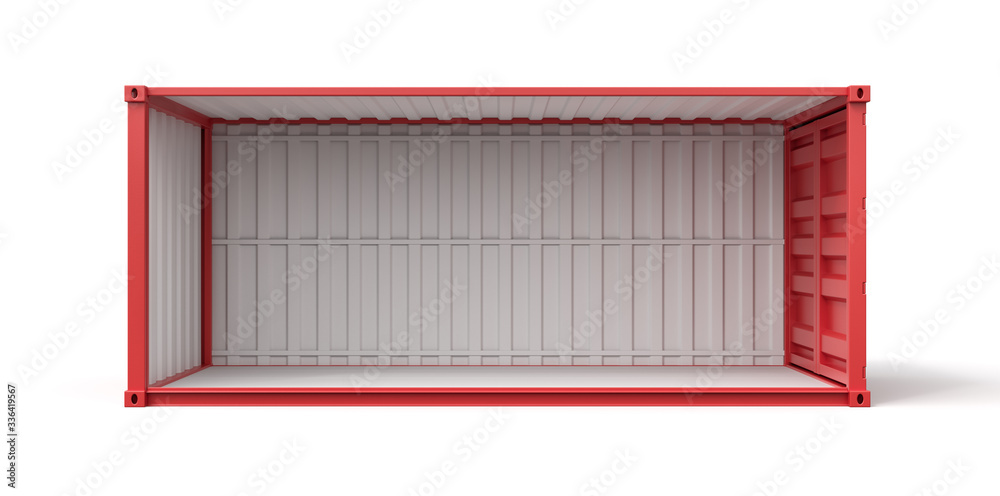 Poster 3d rendering of open empty red shipping container side view isolated on white background