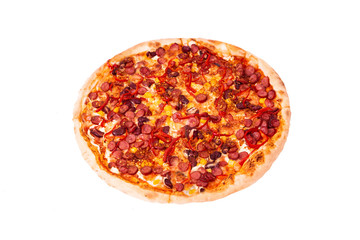 Pizza Mexico isolated on white, with kapia and chili peppers, top view