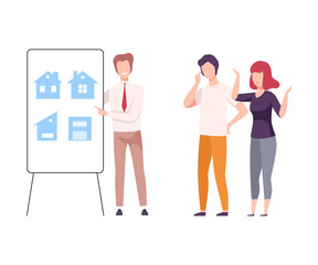 Male Agent Helping Family Couple to Choose House, People Buying or Renting Real Estate Vector Illustration