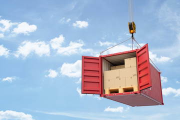 3d rendering of open red cargo container full of cardboard packages, suspended from crane. © gearstd