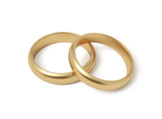 3d close-up rendering of two shiny gold rings on white background.
