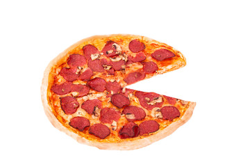 Salami pizza with mushrooms, without slice, isolated on white, top view