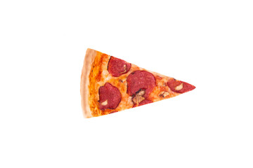 A slice of salami pizza with mushrooms, isolated on white, top view