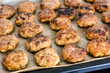Baking tray with cutlets.