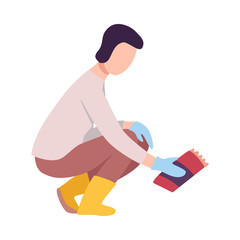 Young Man Collecting Trash, Male Volunteer Picking Garbage Outdoors Vector Illustration