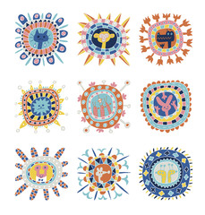 set of coronavirus icons, spring, sign, flowers, pets, colorful,
