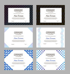 Trendy stylish certificates with gradient lines, rectangle and waves. Templates for online and offline courses, contest, test, sport competition. A4 vector illustration with sample text