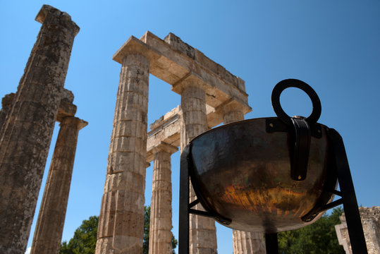 Nemea, Greece, July 27, 2016: The temple of Zeus in the ancient Nemea archeological site, Peloponnese, Greece.