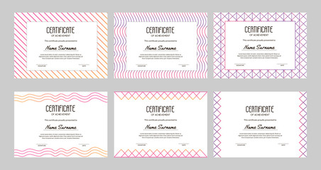 Collection of certificate templates with geometry gradient elements and sample text. Usable for online and offline courses, contest, test, sport competition. A4 vector illustration