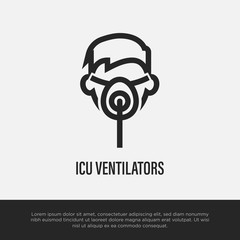 ICU ventilator thin line icon. Man in mask for mechanical ventilation of lungs. Medical treatment for Covid-19. Healthcare and medical vector illustration.