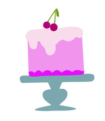 Isolated pink cream cake on a blue stand with cherries, vector on a white background.