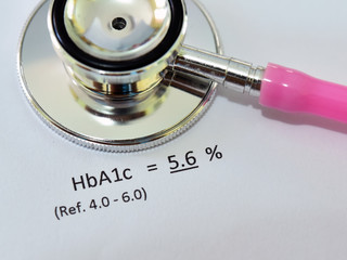 Normal HbA1c test result with stethoscope, diabetes diagnosis