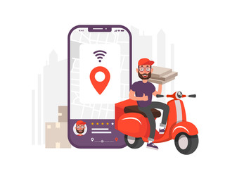 Scooter with delivery man flat vector cartoon character. Fast courier. Restaurant food service, mail delivery service, a postal employee the determination of geolocation using electronic device