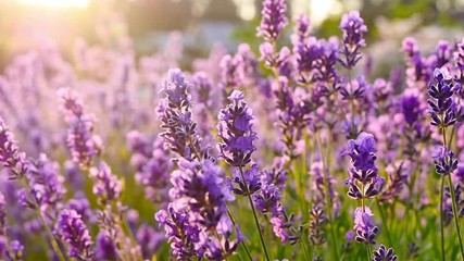 Close shot of lavender flowers in warm sunshine. Purple flowers in garden - Powered by Adobe