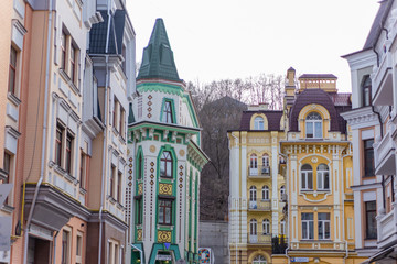 Colored houses in the capital of Ukraine Vozdvyzhenka, Kyiv, Ukraine 03/19/2019