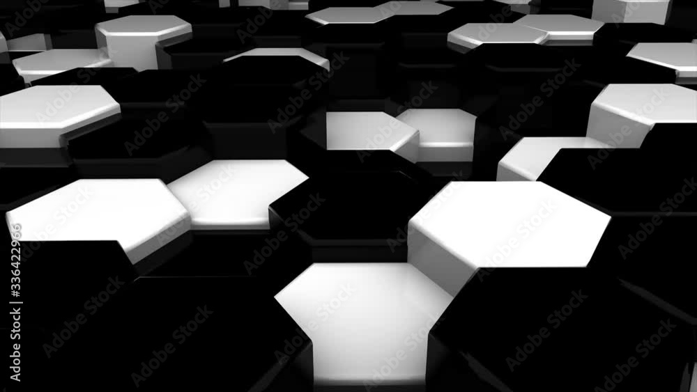 Poster Abstract hexagon white and black geometric surface loop, random motion backgroun