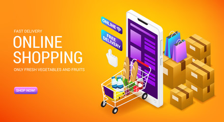 Online shopping, order delivery service, internet store landing page design with isometry cardboard boxes and cart, vector illustration.
