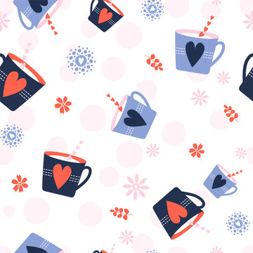 Seamless Vector Pattern with colorful tea cups and hearts, pink circles background, for decoration, stationery, paper, magazine, print, textile, fabric
