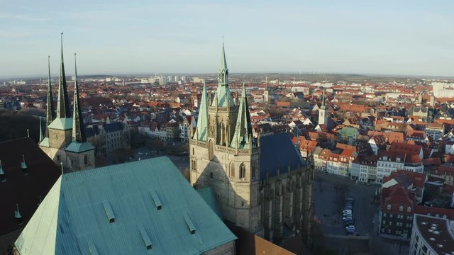Aerial Drone flight over Erfurt with Cathedral and the church Severikirche