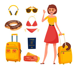 Summer vacation cartoon vector illustration isolated on white background. Smiling girl character with travel luggage. Headphones, rubber ring donut, luggage, passport, plane tickets, swimsuit, glasses
