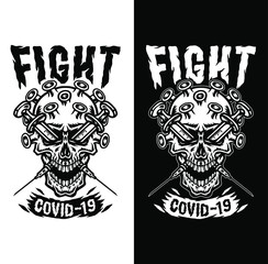 Illustrations concept skull coronavirus COVID-19, isolated on dark and bright background