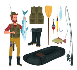 Fishing set cartoon vector illustration isolated on white background. Fishing rod, vest, oar, bait, boots, floats, hook, fish, inflatable boat, fisherman. 