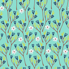 Branches on a blue background. Seamless vector pattern.  Delicate herbal elements.
