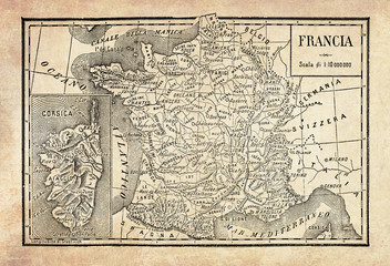 Fototapeta na wymiar Ancient map of metropolitan France in Western Europe including the island of Corsica in the Mediterranean sea with geographical Italian names and descriptions