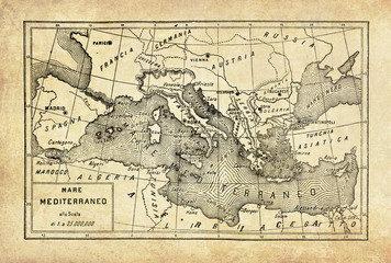 Fototapeta na wymiar Ancient map of Mediterranean sea enclosed by Southern Europe and North Africa connected to the Atlantic Ocean by the Strait of Gibraltar, with geographical Italian names and descriptions