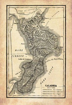 Ancient map of Calabria region in Southern Italy surrounded by Jonian and Tyrrhenian seas separated from Sicily by the Strait of Messina, with geographical Italian names and descriptions