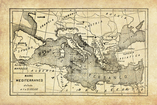 Ancient map of Mediterranean sea  enclosed by Southern Europe and North Africa connected to the Atlantic Ocean by the Strait of Gibraltar, with geographical Italian names and descriptions