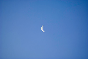 A slim sliver of the silvery moon set on an expanse of clear and cloudless blue sky.