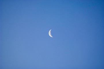 A slim sliver of the silvery moon set on an expanse of clear and cloudless blue sky.