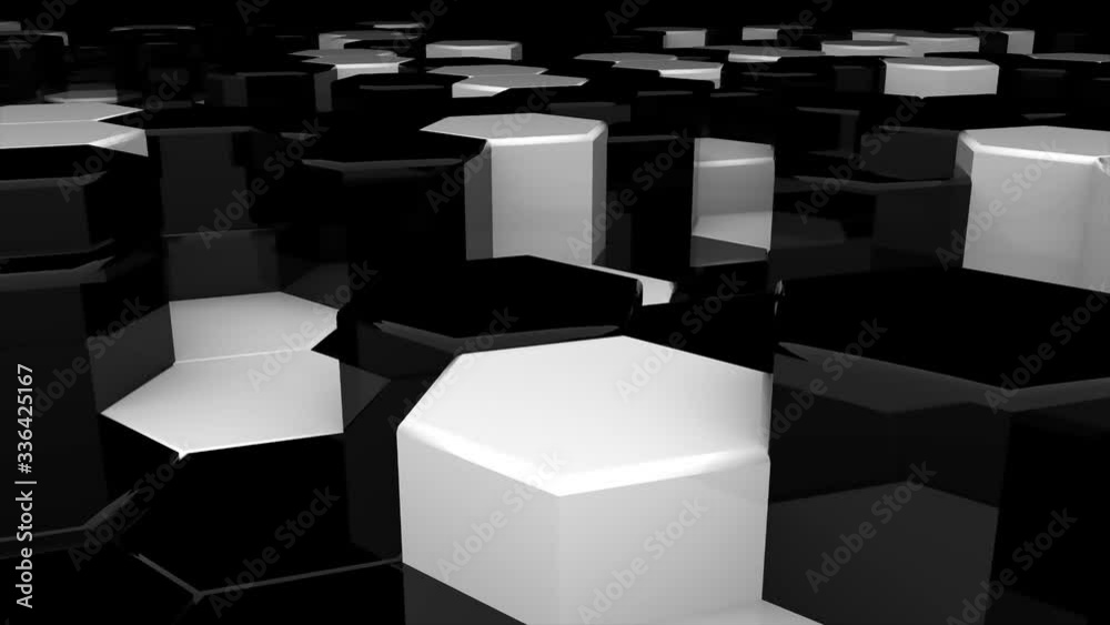 Poster Abstract hexagon white and black geometric surface loop, random motion backgroun