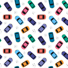 Seamless pattern with cars.Top view of cars standing in traffic jam on the road. Perfect for fabric,textile, wrapping or web design. Flat vector Illustration.