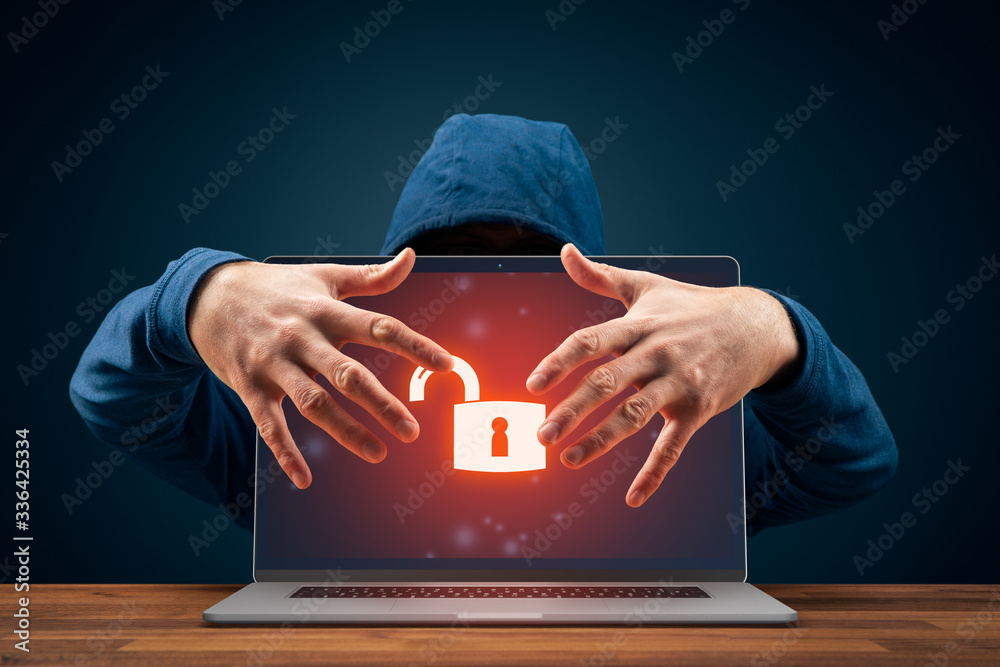 Wall mural unprotected computer usurped by hacker cyber security threat concept