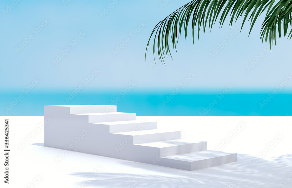 Fototapete natural summer beach backdrop with palm tree shadow for product display. abstract 3d summer scene. s
